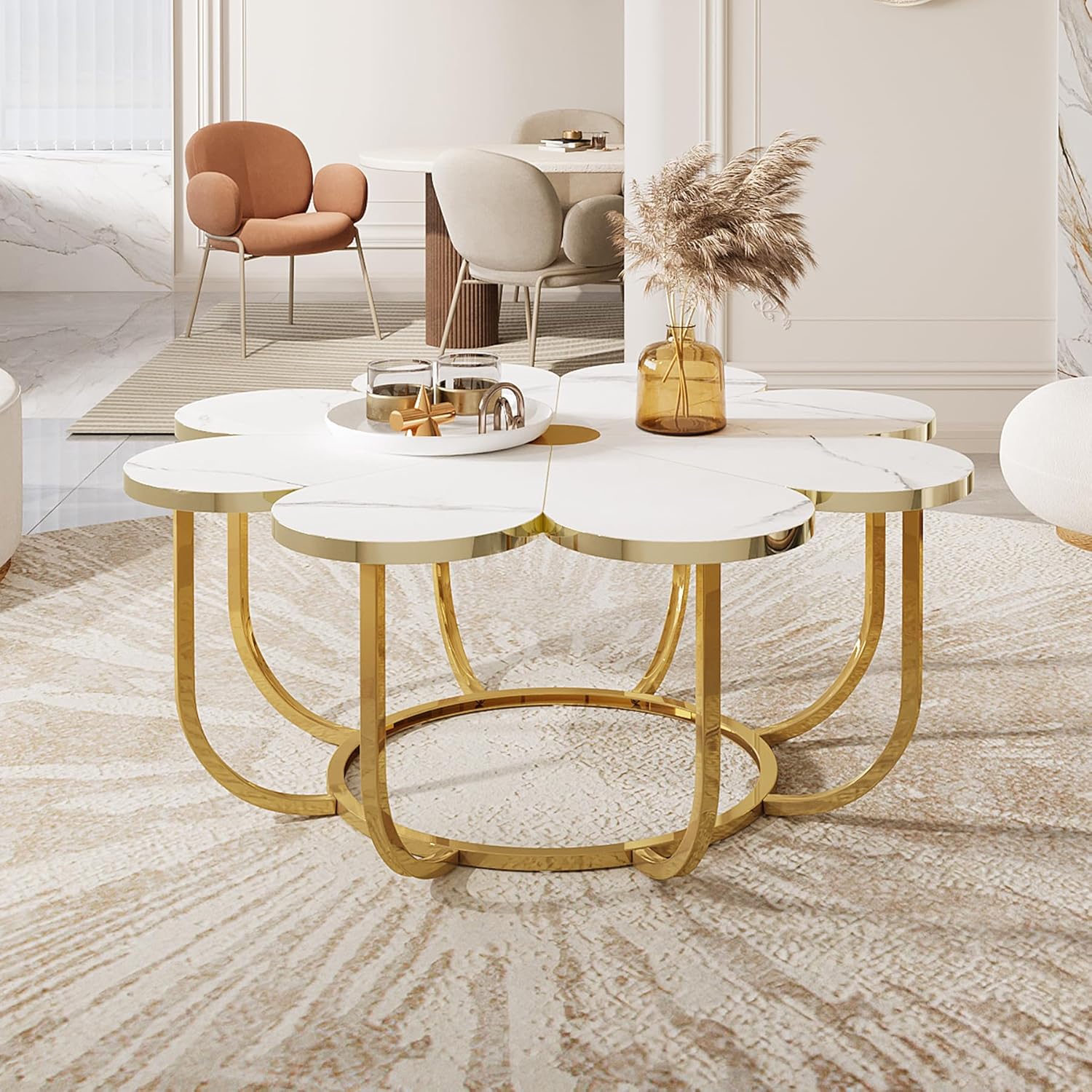 39.37" Floral Design Coffee Table, Faux Marble Top Modern Center Table for Living Room