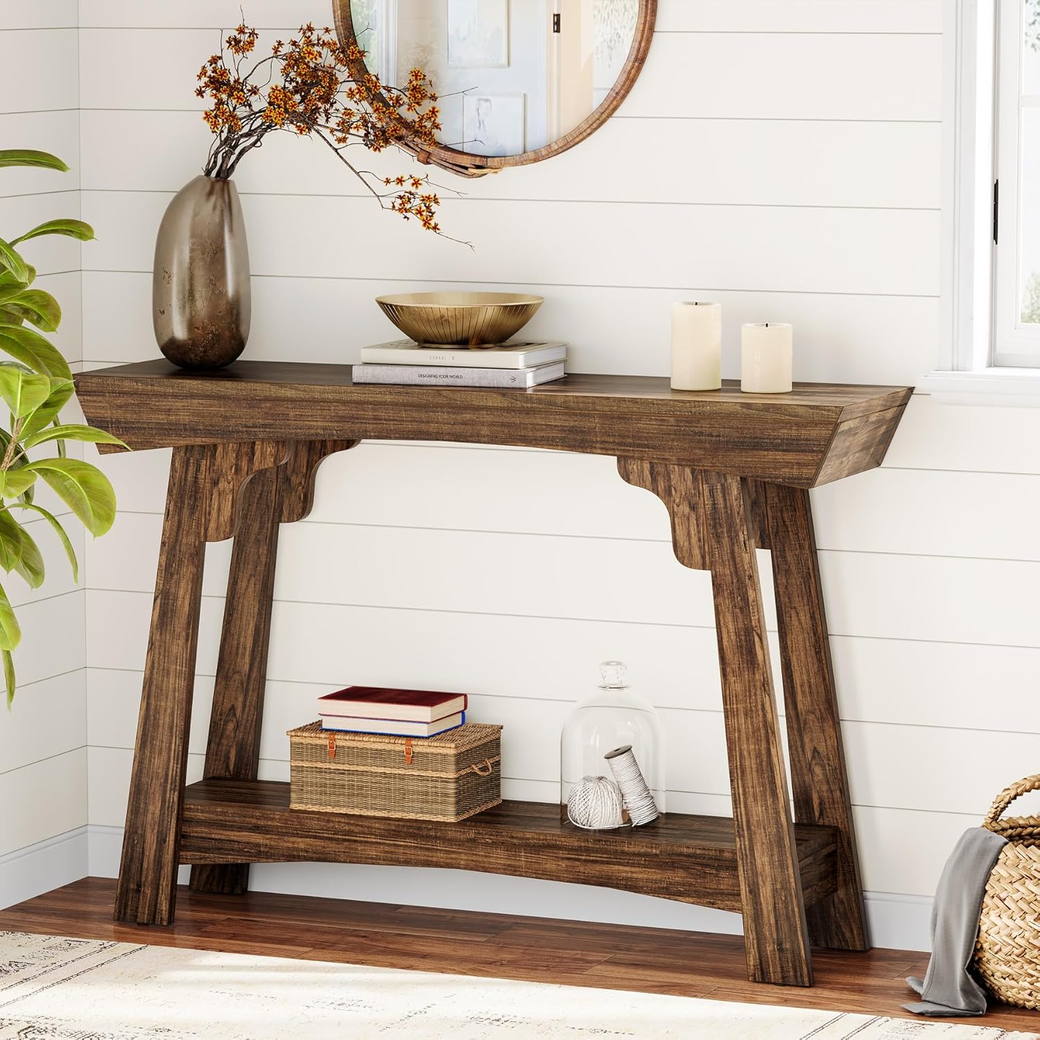 2-Tier Wood Entryway Table with Storage, Farmhouse Narrow Sofa Table