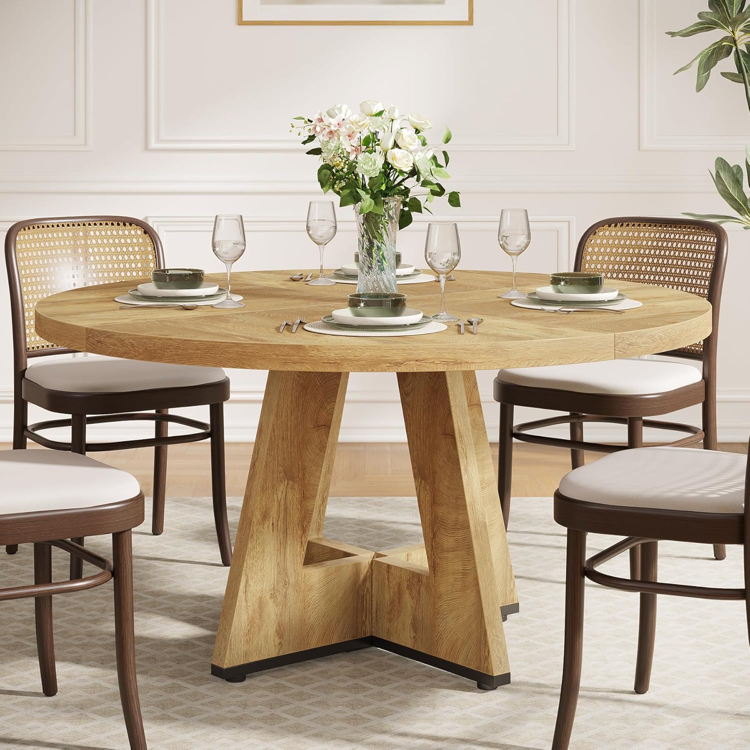47" Round Dining Table, Farmhouse Wood Kitchen Table for 4-6 with Cross Base