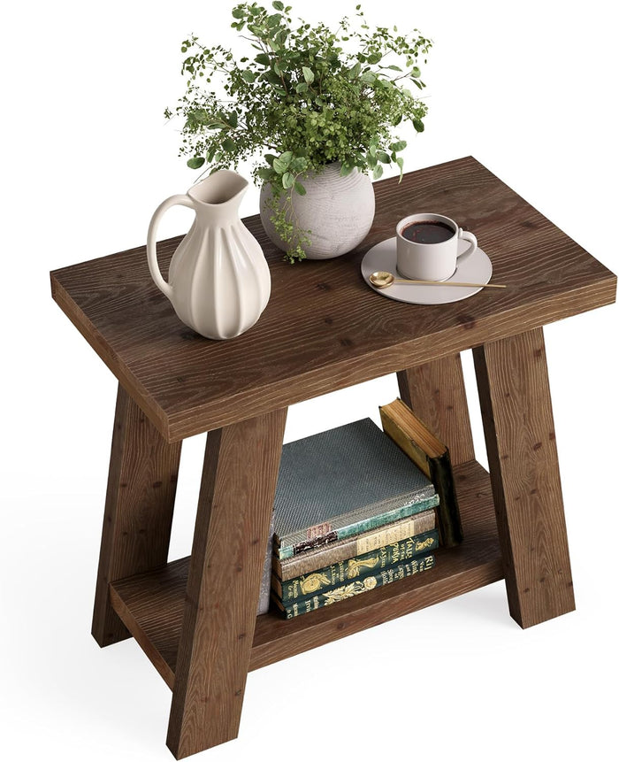 70cm Side Table, Solid Wood 2-Tier Nightstand with Storage for Living Room Bedroom