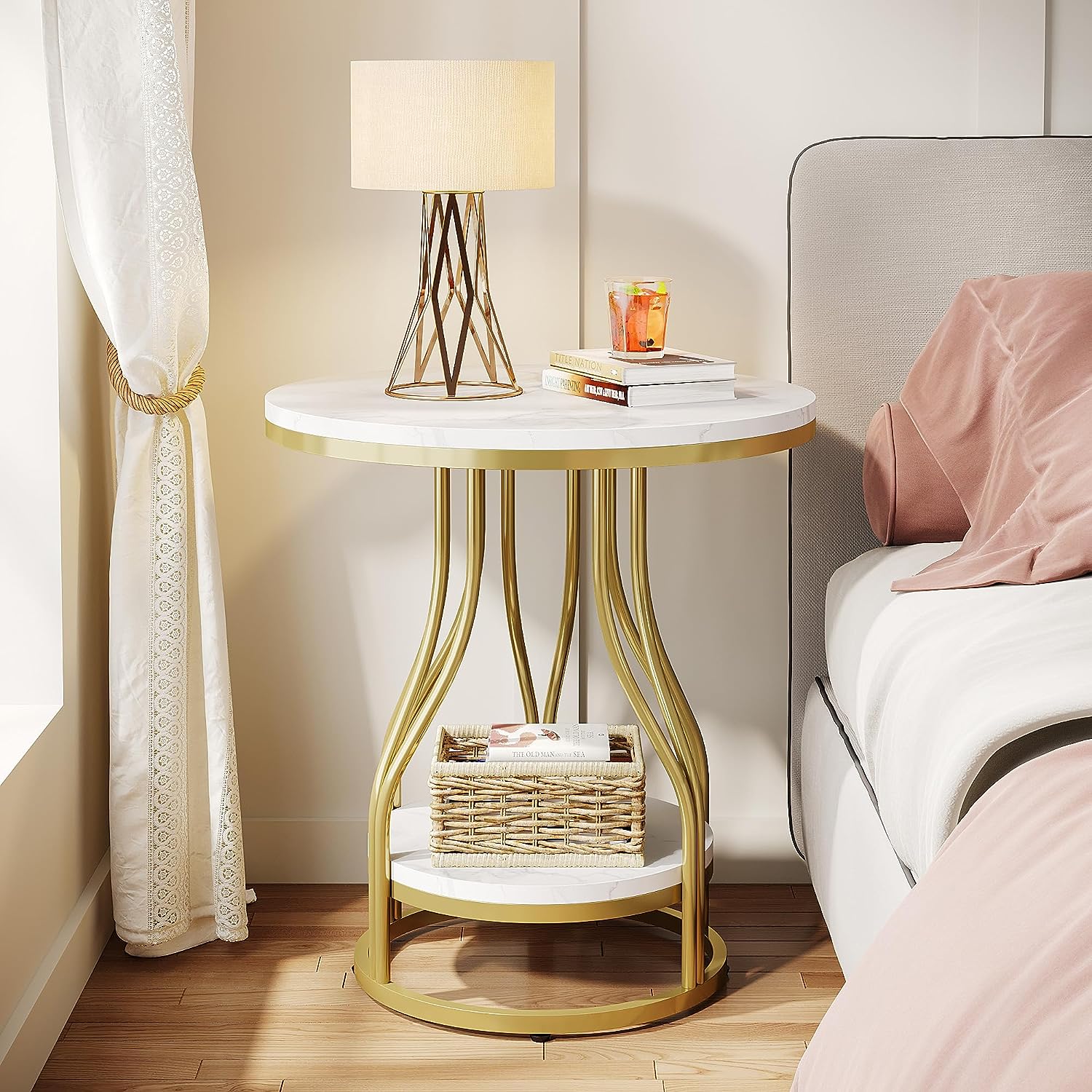 End Table, Round 2-Tier Sofa Side Table with Metal Frame Tribesigns