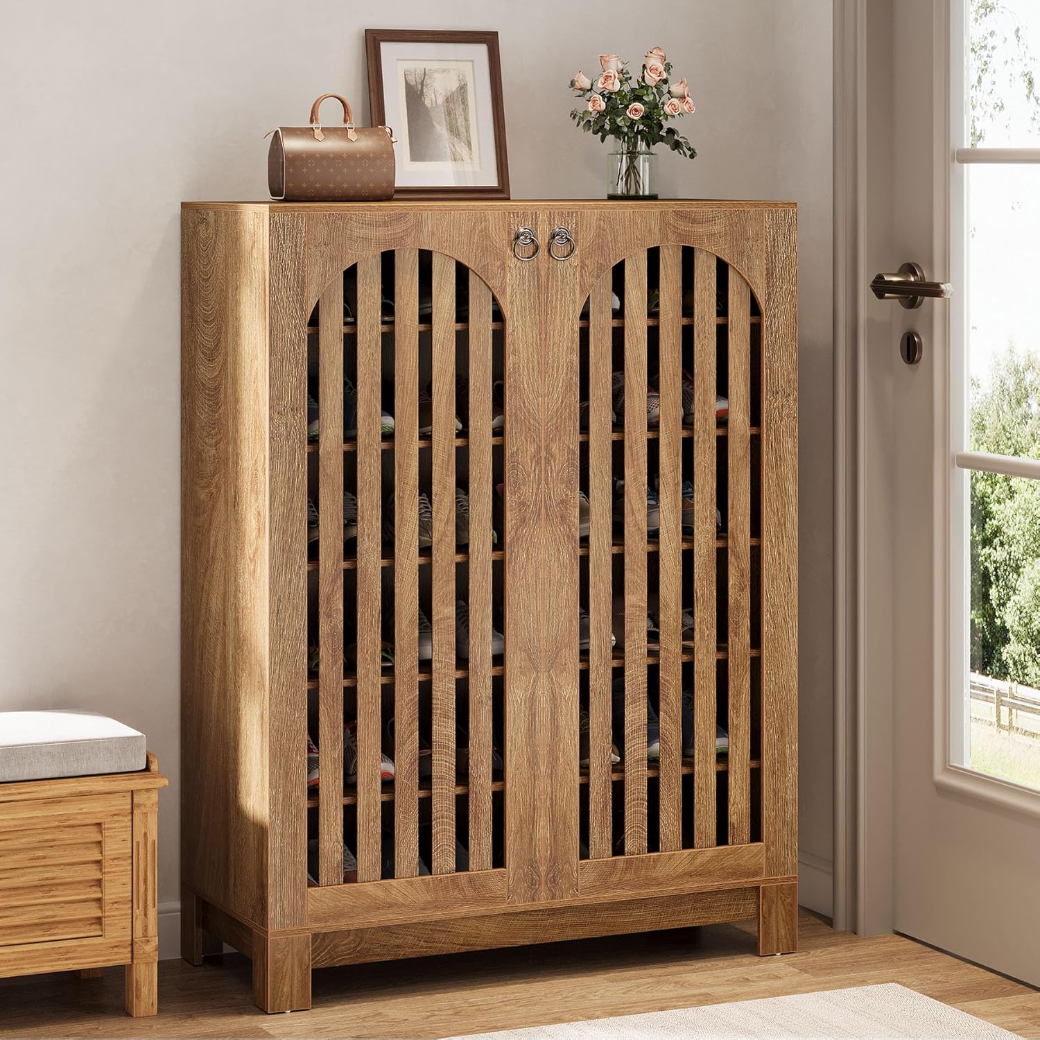 35" 6-Tier Shoe Cabinet, Wooden Shoe Rack with Airy Doors & Adjustable Shelves