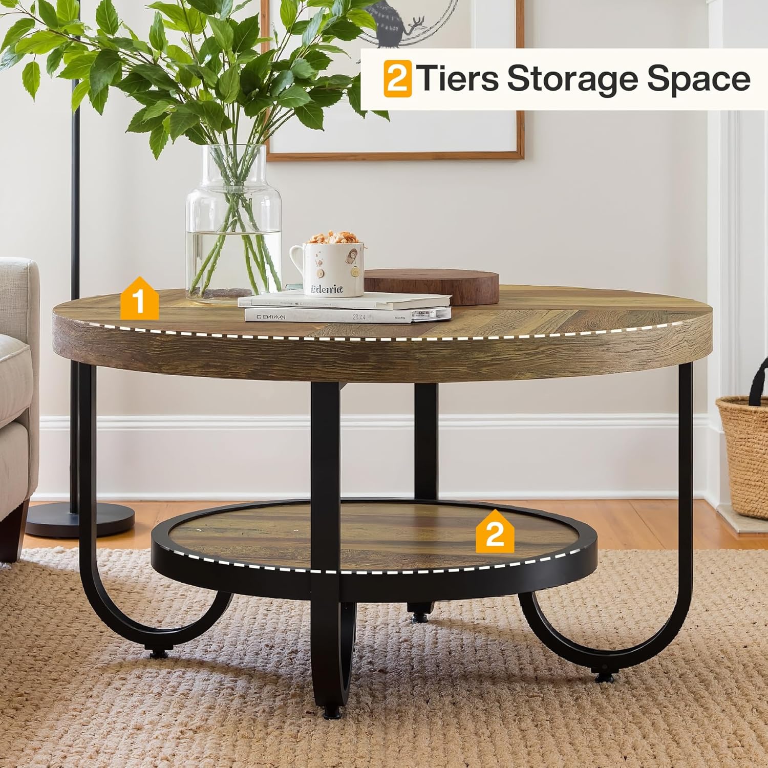 2-Tier Round Coffee Table with Storage, 31.5-Inch Center Cocktail Table