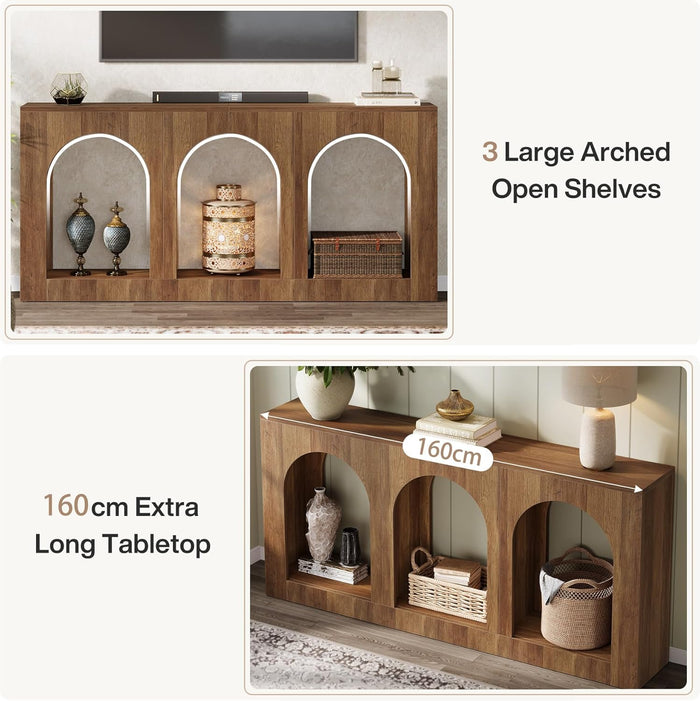 160cm Rustic Console Table, Narrow Entryway Table with 3 Arched Shelves