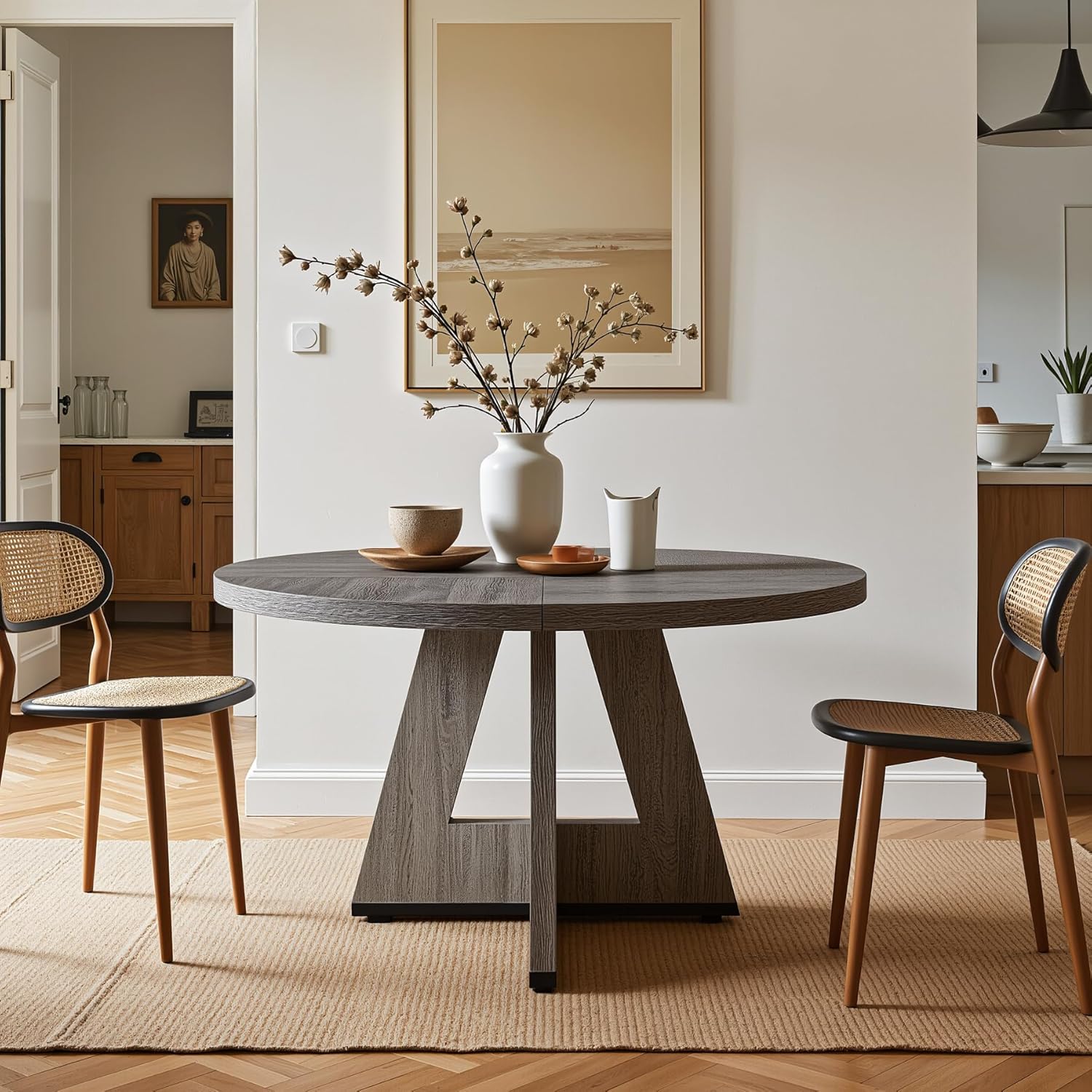 47" Round Dining Table, Farmhouse Wood Kitchen Table for 4-6 with Cross Base