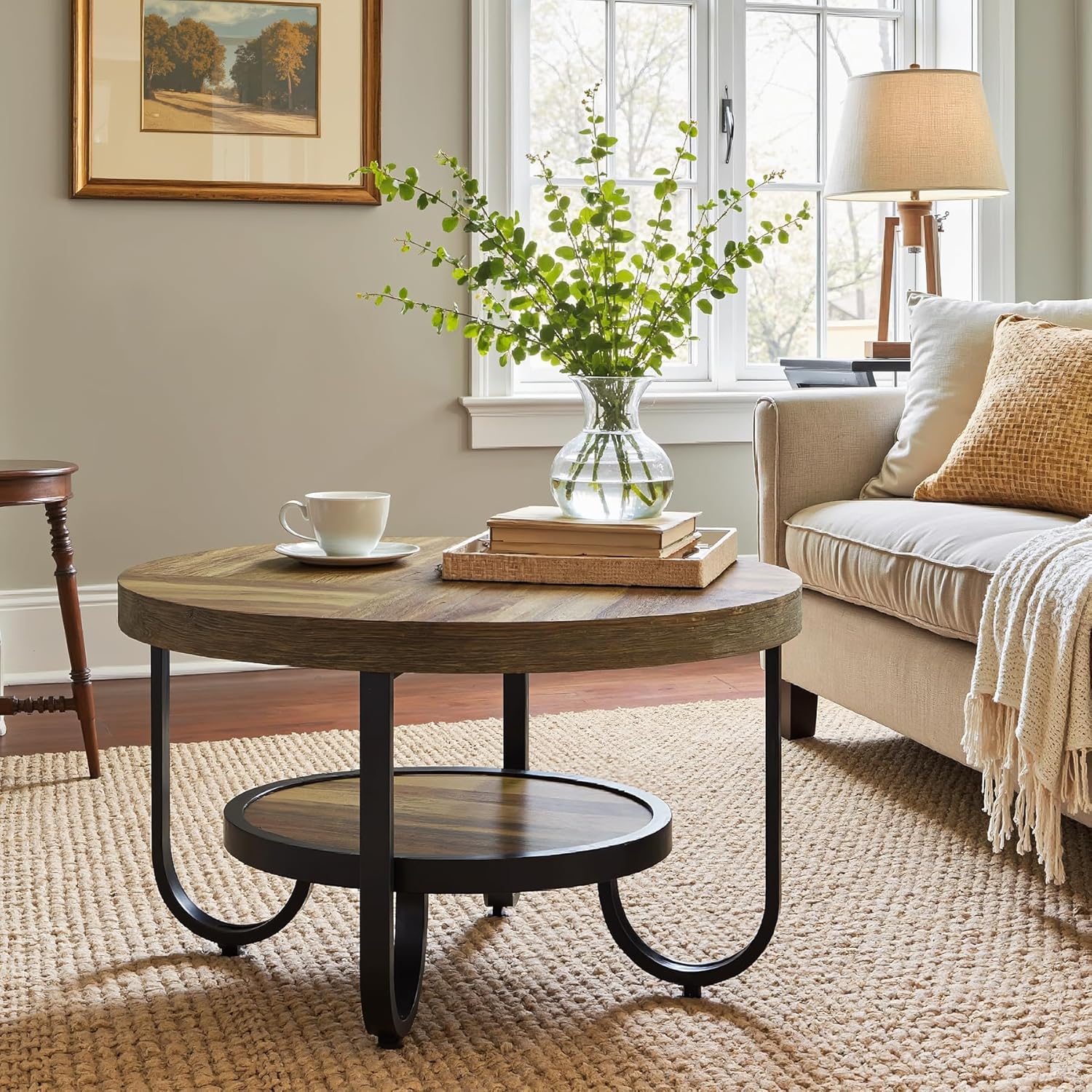 2-Tier Round Coffee Table with Storage, 31.5-Inch Center Cocktail Table
