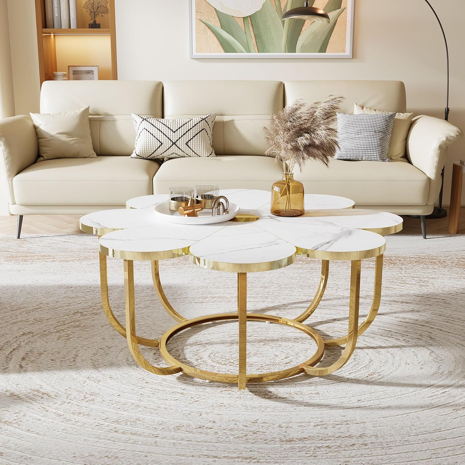 39.37" Floral Design Coffee Table, Faux Marble Top Modern Center Table for Living Room