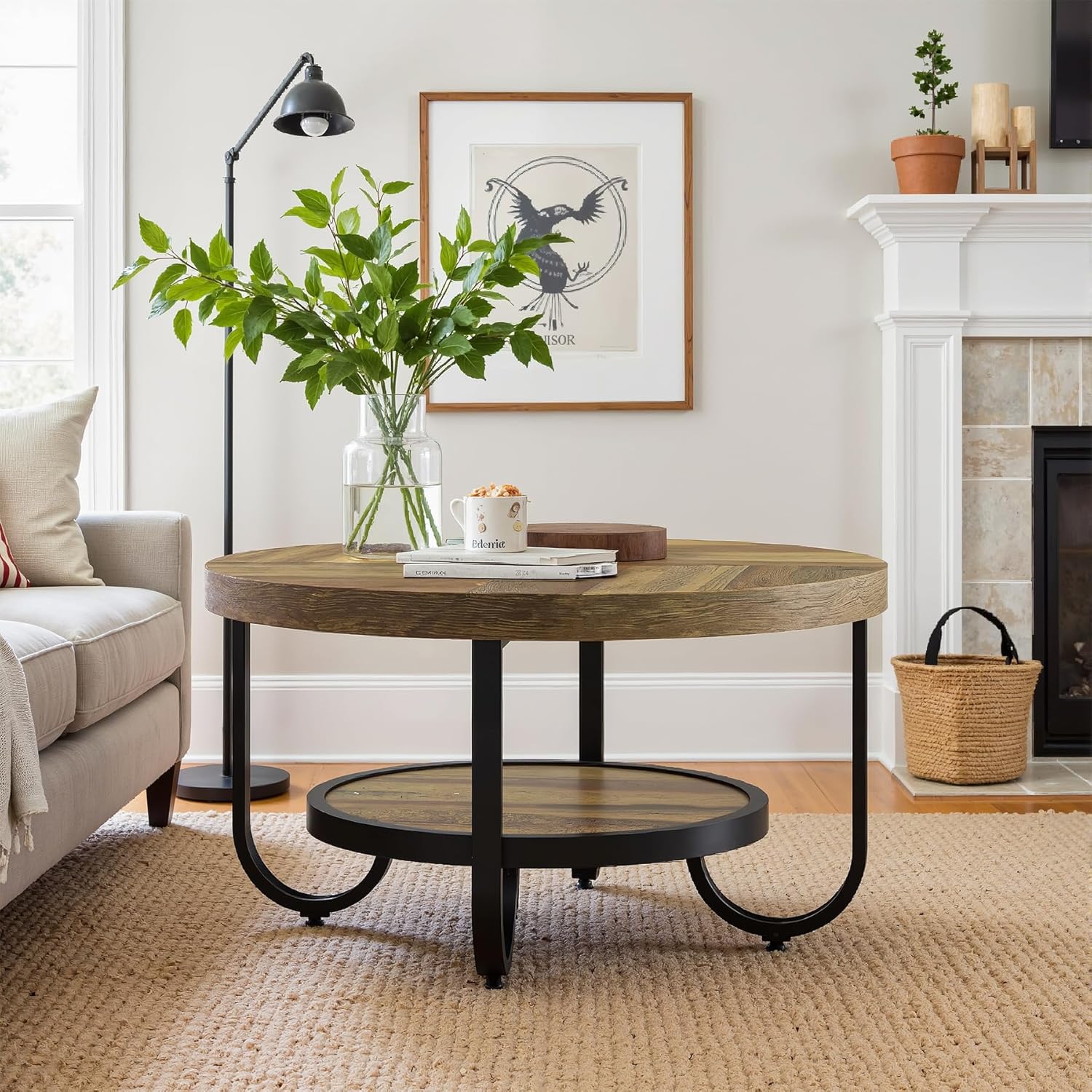 2-Tier Round Coffee Table with Storage, 31.5-Inch Center Cocktail Table