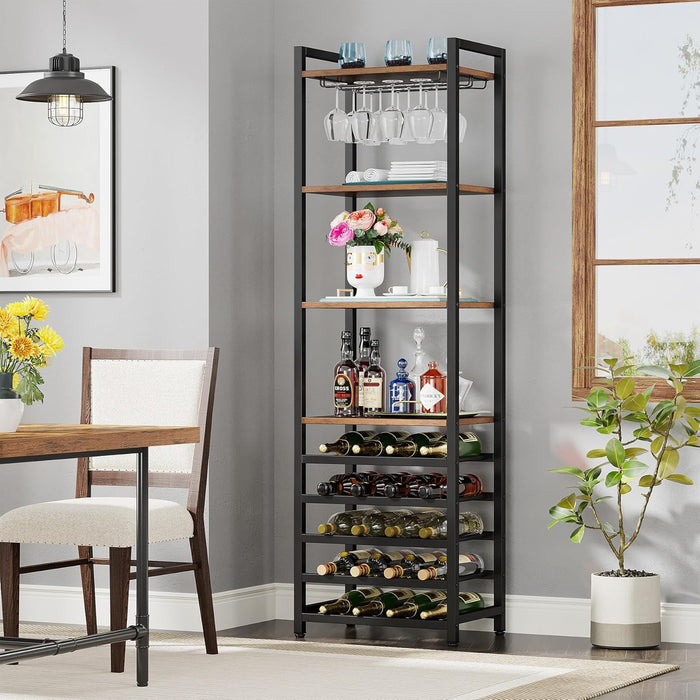 180cm Wine Rack, 9-Tier Industrial Shelves with Glass Holder
