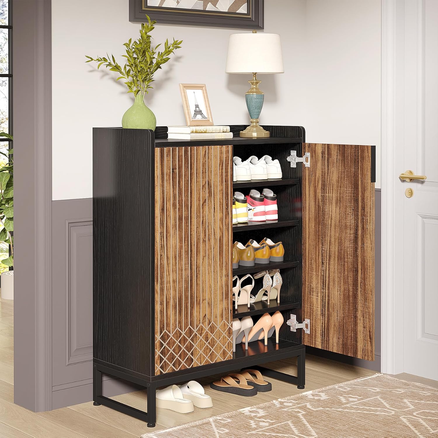 Tribesigns White 5-Tier Freestanding Wood Shoes Cabinet with Gold Metal Frame
