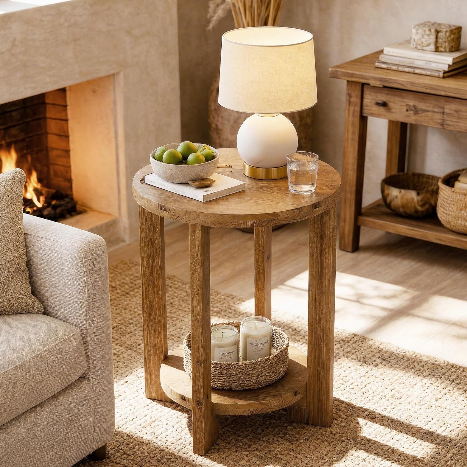 50cm 2-Tier Round End Table, Wooden Accent Table & Night Table for Living Room