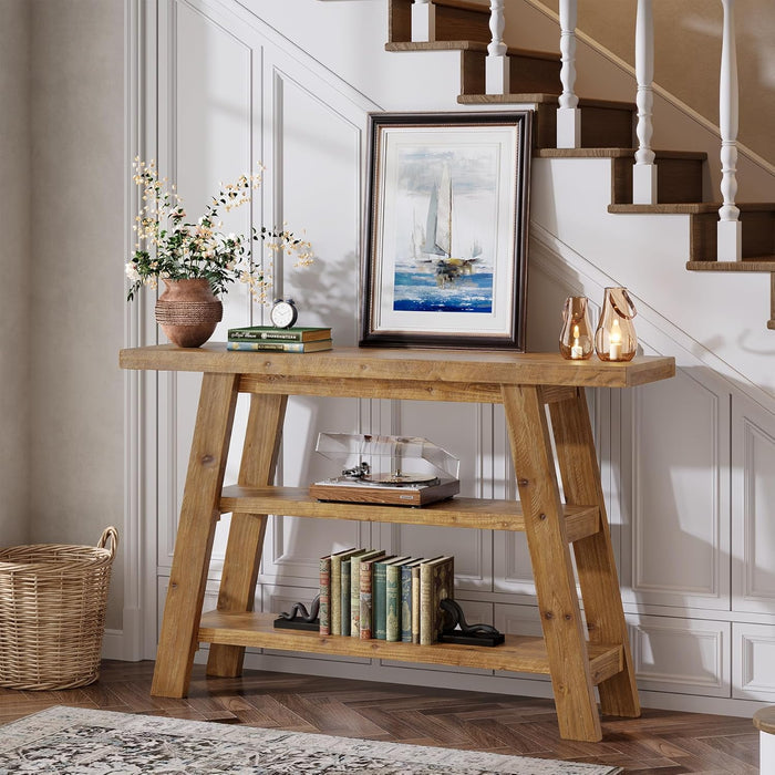 120cm Console Table, 3-Tier Solid Wood Farmhouse Entryway Table