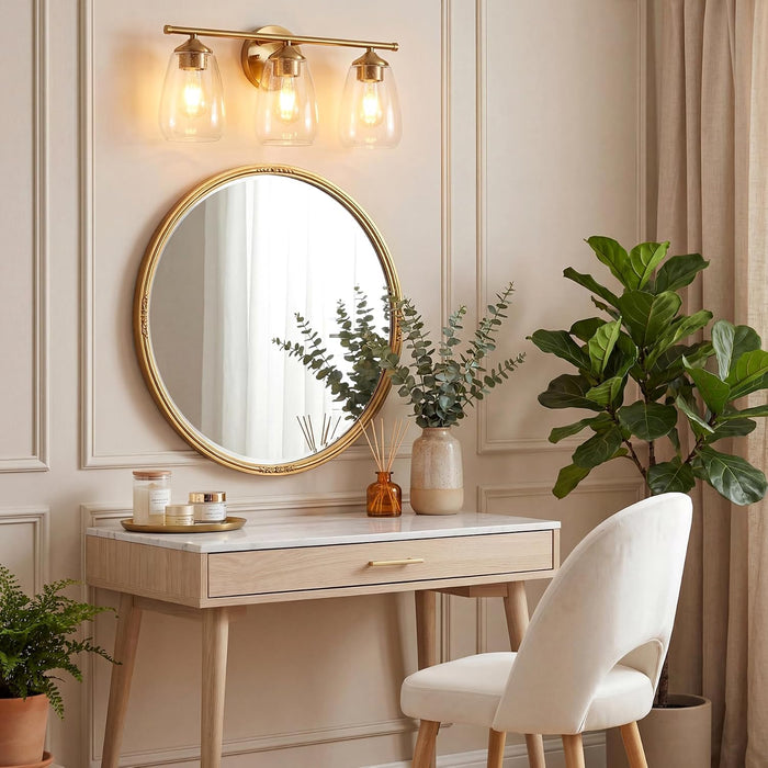 3-Light Gold Bathroom Vanity Light, Clear Glass Wall Sconce