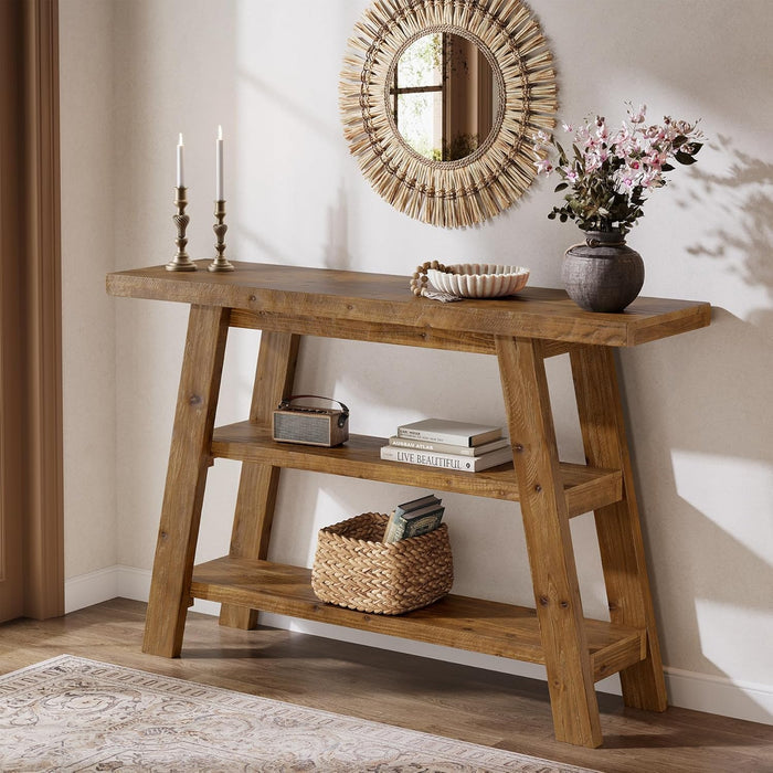 120cm Console Table, 3-Tier Solid Wood Farmhouse Entryway Table