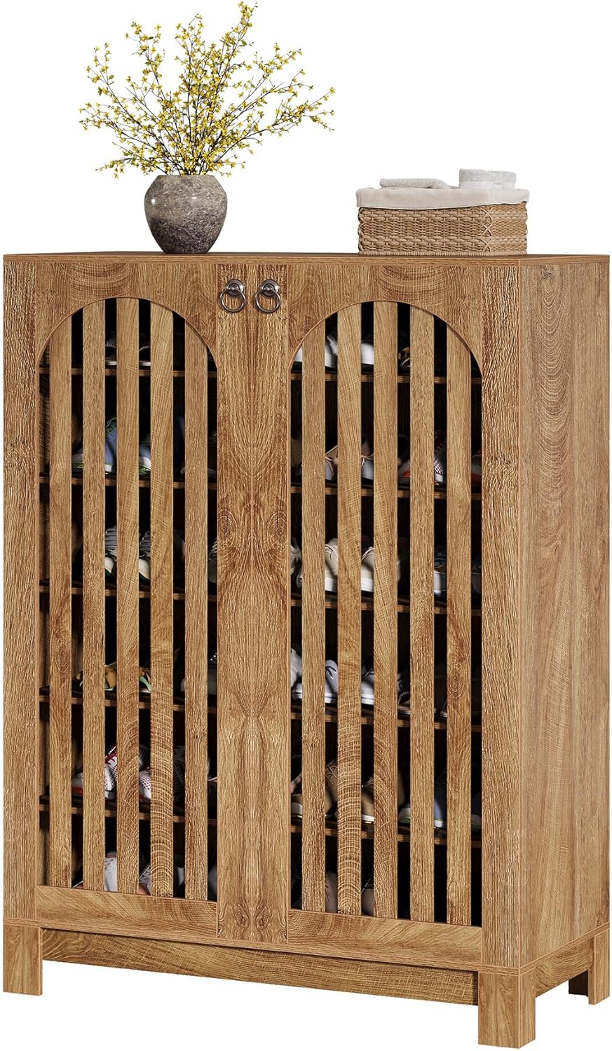 35" 6-Tier Shoe Cabinet, Wooden Shoe Rack with Airy Doors & Adjustable Shelves