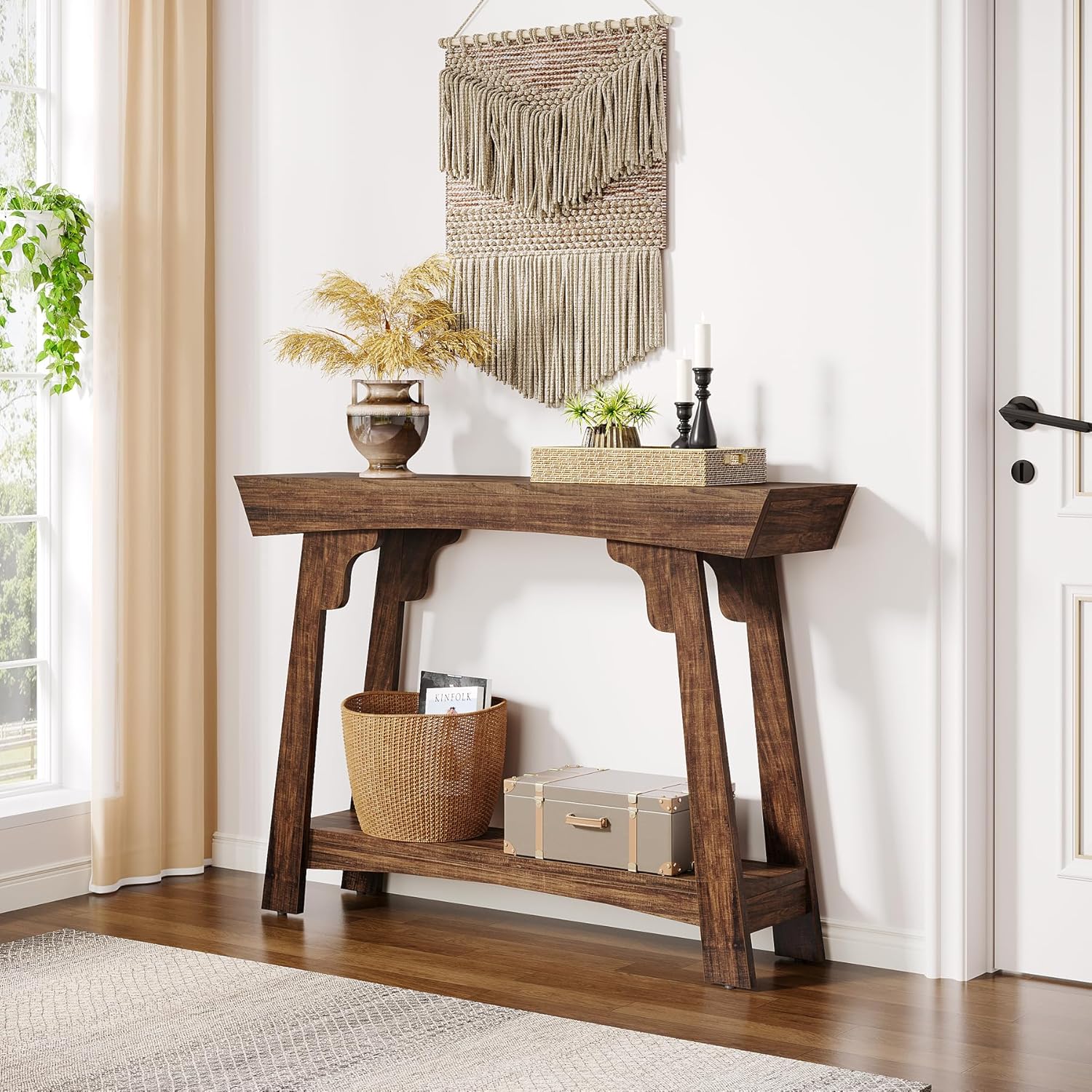 2-Tier Wood Entryway Table with Storage, Farmhouse Narrow Sofa Table