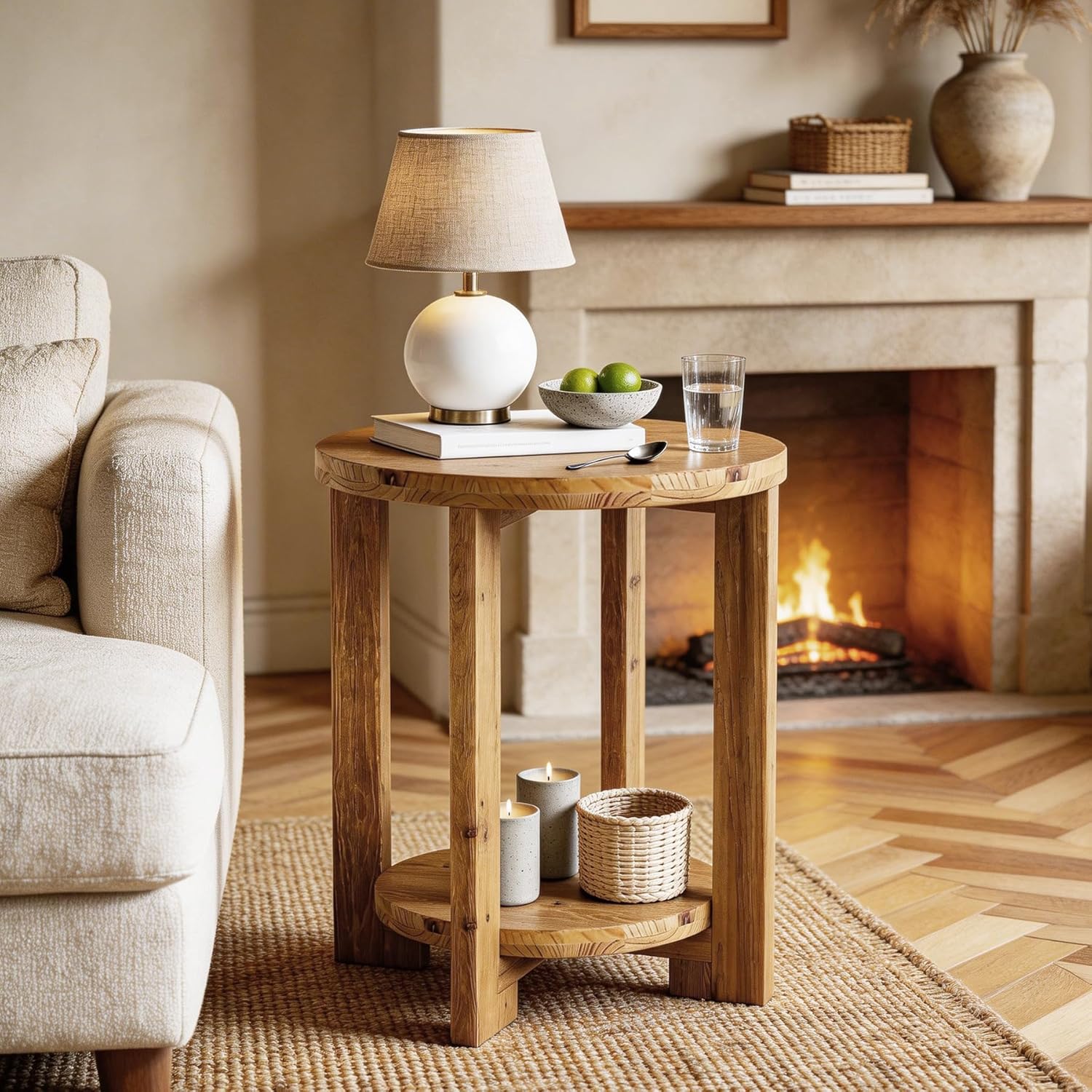 50cm 2-Tier Round End Table, Wooden Accent Table & Night Table for Living Room