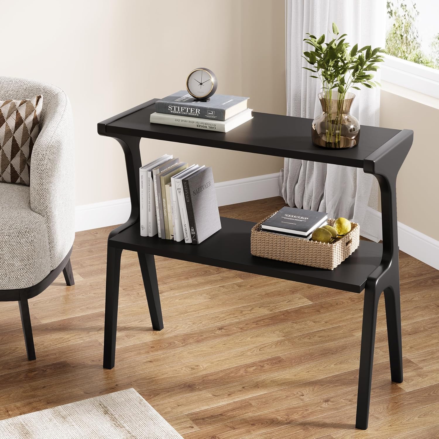 27.5" 2-Tier End Table, Slim Sofa Side Table with Storage Shelf