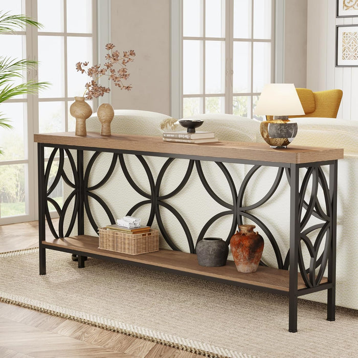 63" Industrial Console Table, Narrow Sofa Table with Storage Shelf