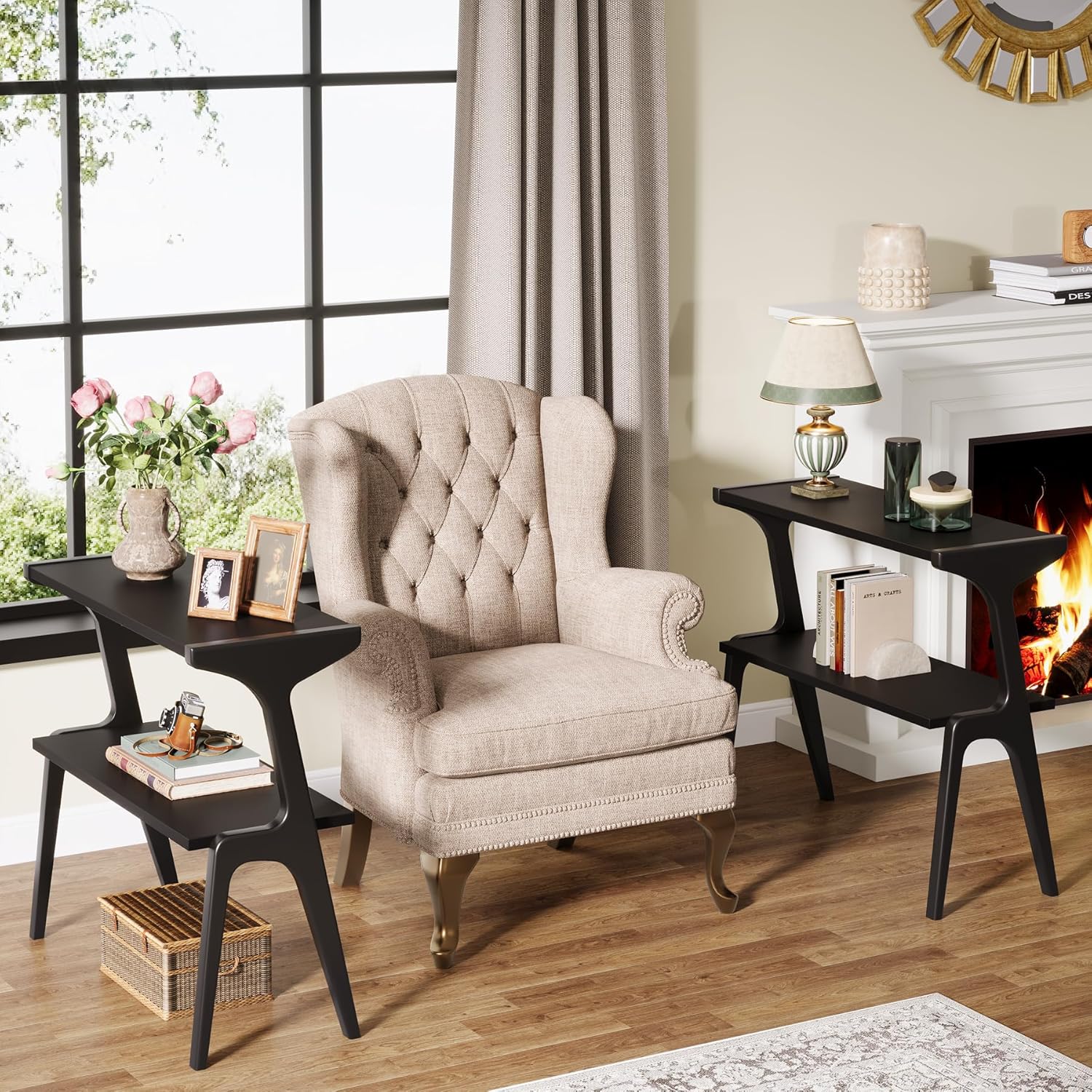 27.5" 2-Tier End Table, Slim Sofa Side Table with Storage Shelf