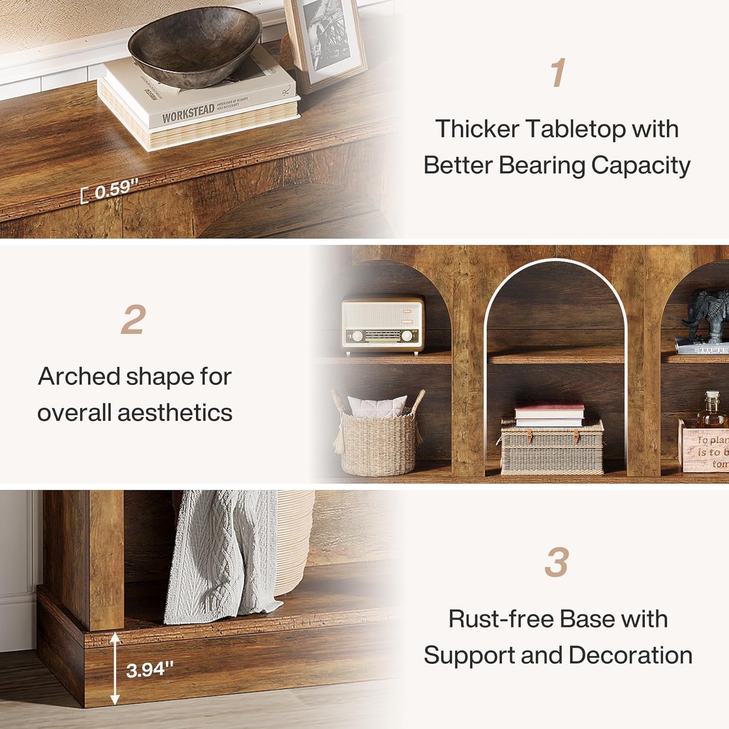 63" Farmhouse Console Table - 3-Tier Sofa Table with Storage