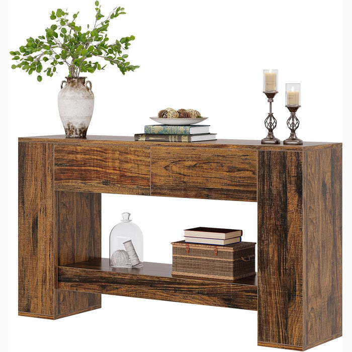 140cm Console Table, Rustic Brown 2-Drawer 2-Tier Narrow Hallway Table