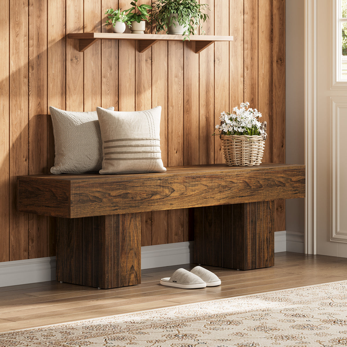 55" Wooden Entryway Bench with Broad Legs, Farmhouse Indoor Bench with 330 lb Capacity