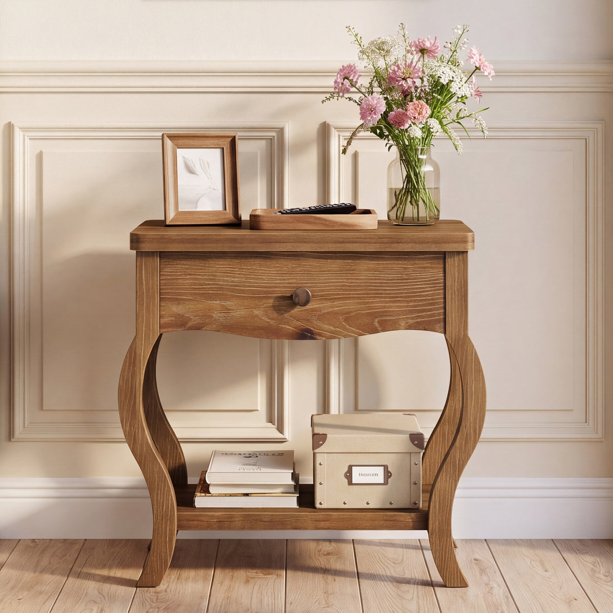 61cm Nightstand, Rustic Solid Wood Bedside Table with Drawer & Shelf