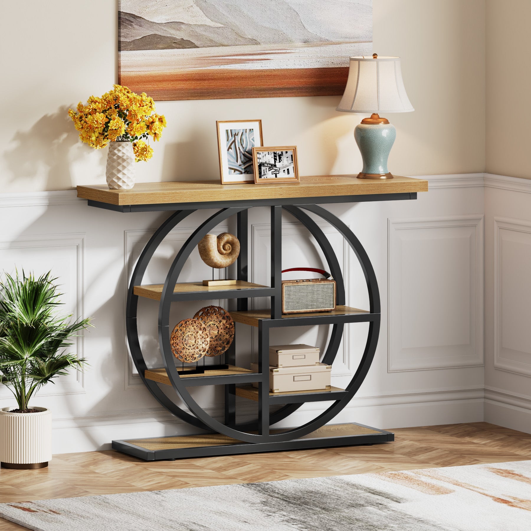 41" Industrial Console Table, Narrow 6-Tier Sofa Entryway Table with Circle Base
