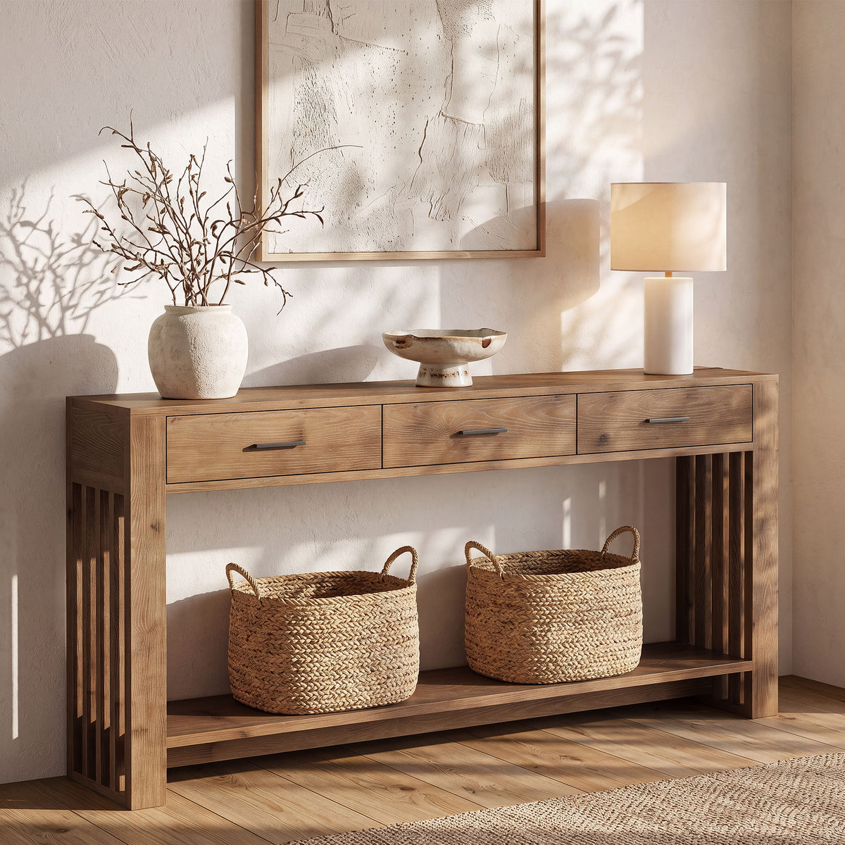 160cm Console Table, Solid Wood 3-Drawer 2-Tier Narrow Farmhouse Entryway Table