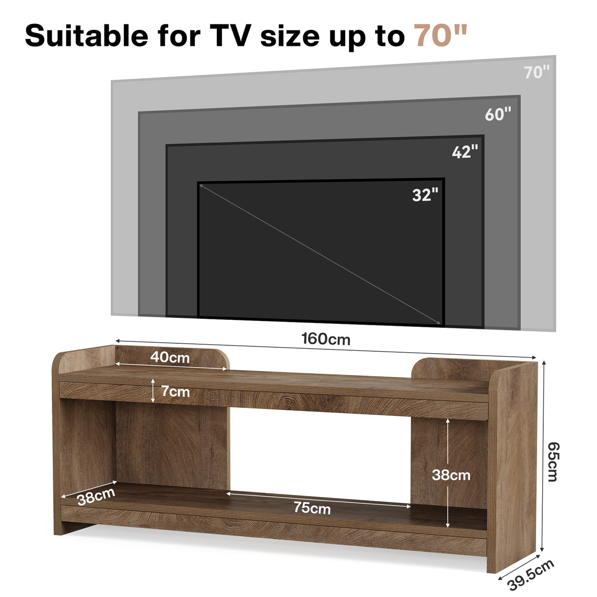 160cm TV Stand, 2-Tier Open Storage with Cable Management for 70" TV Living Room