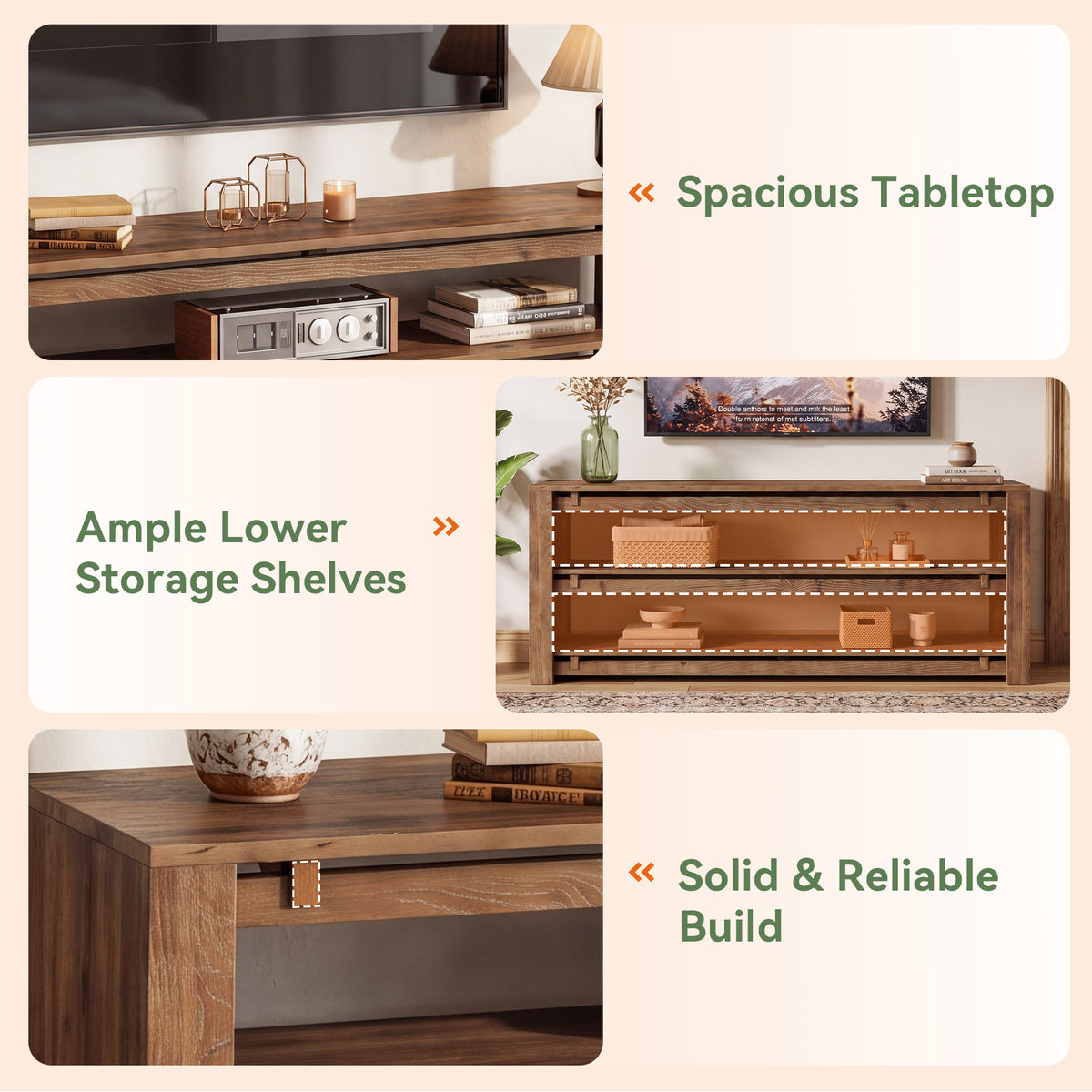 160cm TV Stand, Solid Wood 3-Tier Console with Storage for TVs up to 75"