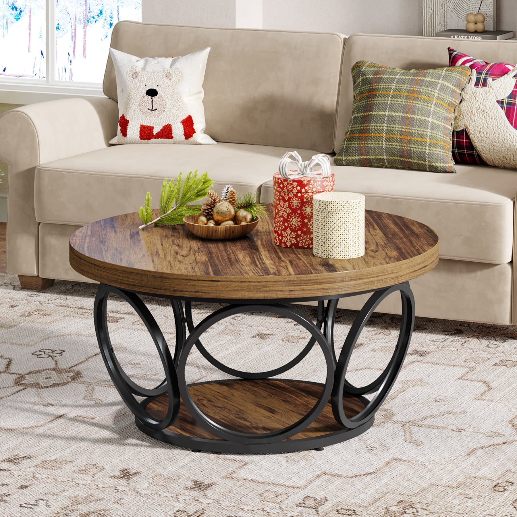 Farmhouse Coffee Table, Round Center Table with 2 Storage Shelves