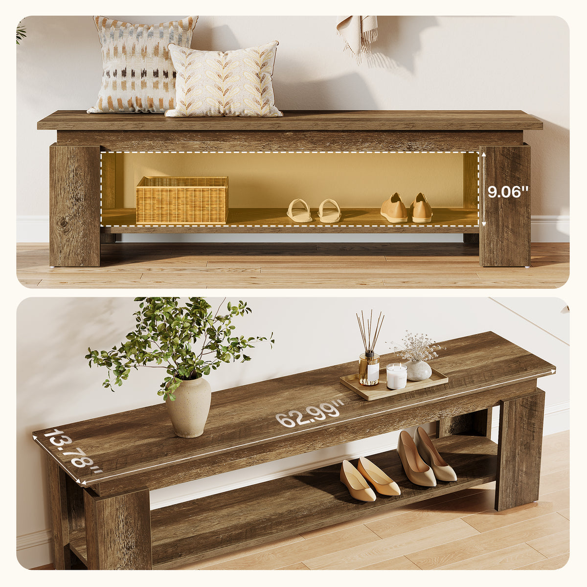 Tribesigns 160cm Entryway Bench, Farmhouse Shoe Bench with Storage Shelf