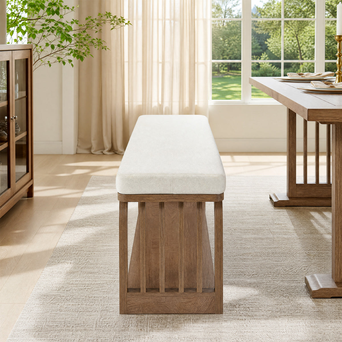 140cm Dining Bench, Upholstered 2-Tier Farmhouse Kitchen Bench with Hollow Legs