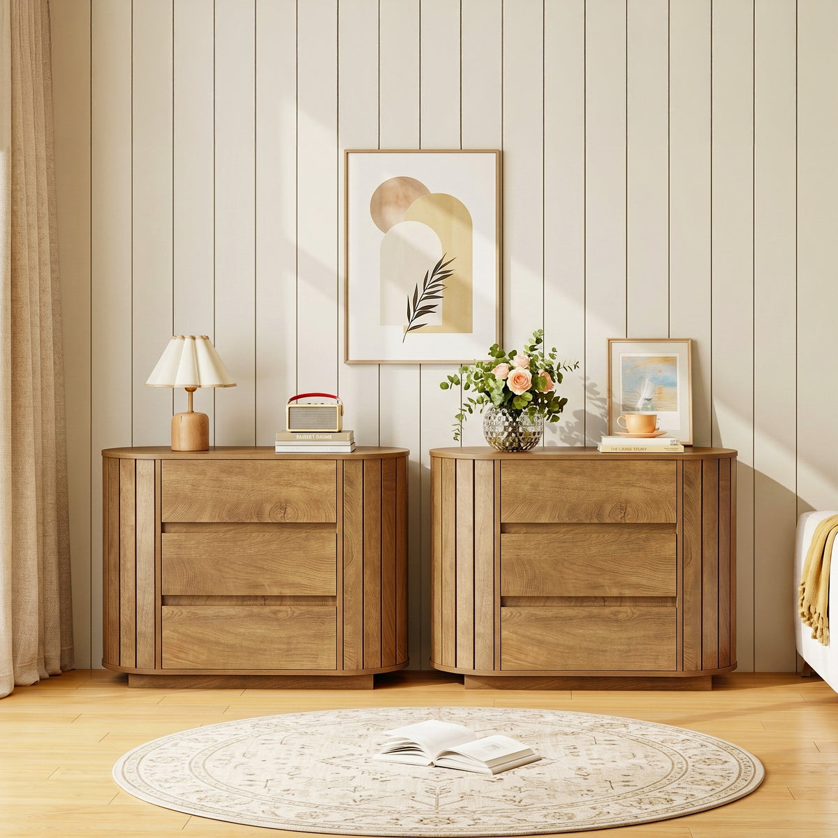 90cm Chest of Drawers, Modern Oak Effect 3-Drawer Cabinet with Slatted Sides