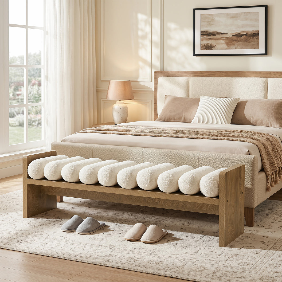 150cm Entryway Bench, Upholstered Boucle Cushion End of Bed Bench for Hallway