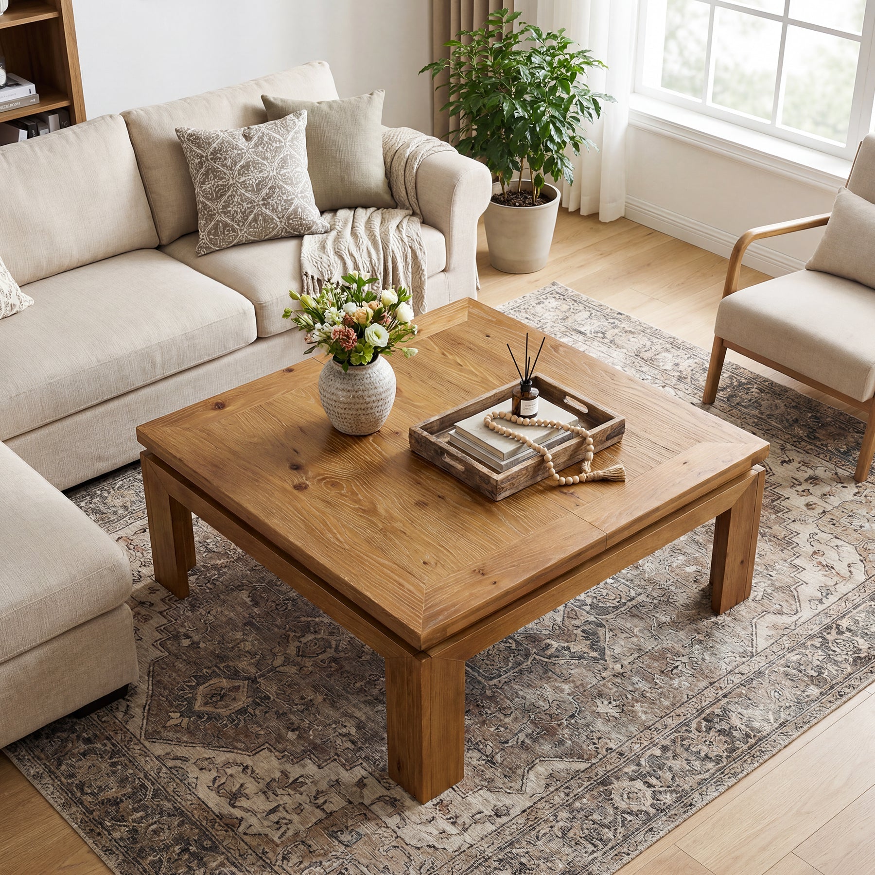 39.4" Solid Wood Coffee Table with Recessed Edge, Square Farmhouse Center Table for Living Room