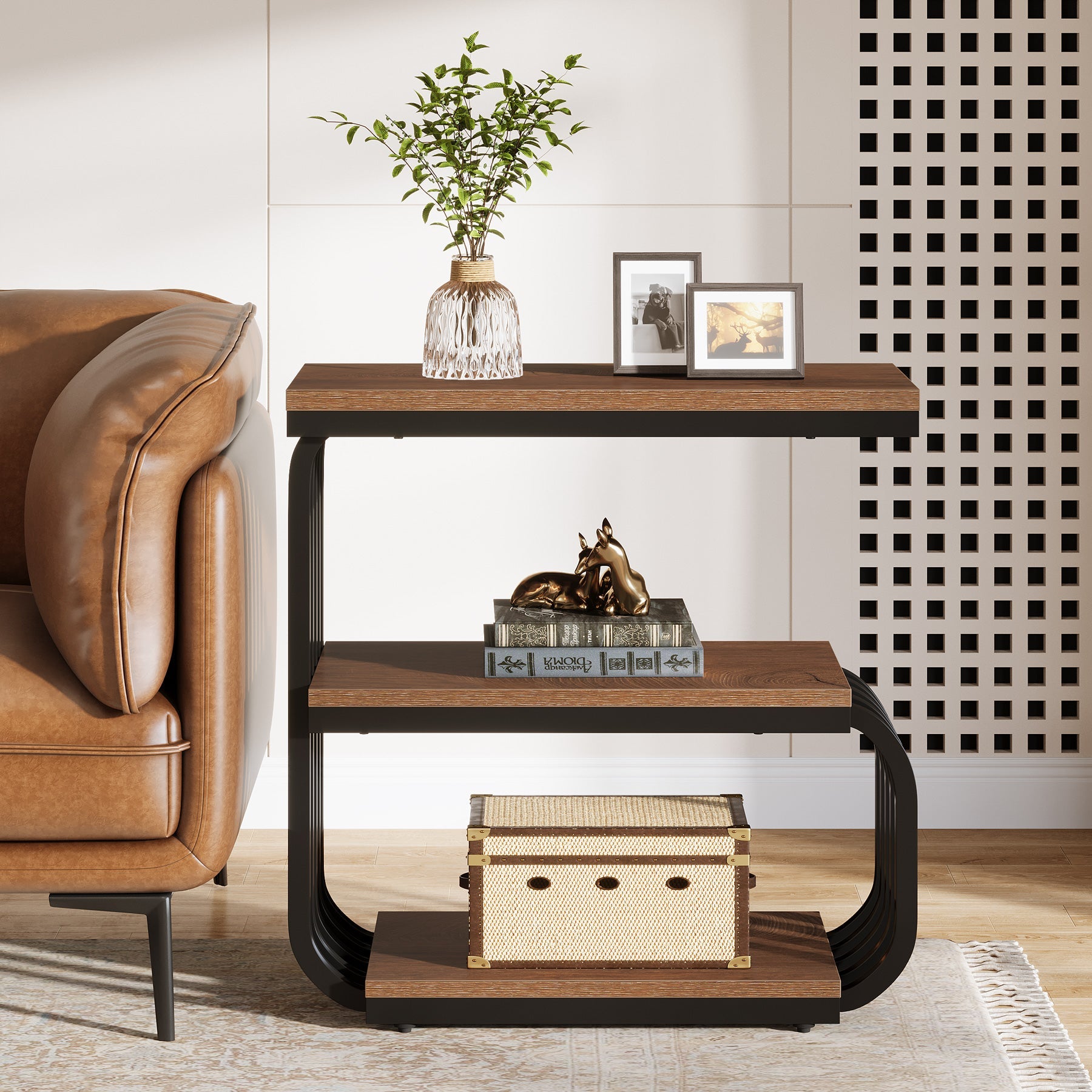 3-Tier Narrow End Table, C-Shaped Side Table for Living Room