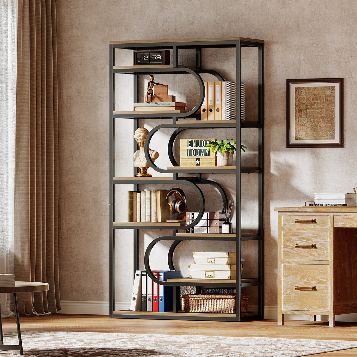 180cm 5-Tier Bookcase, Industrial Metal Frame Shelf for Home Office