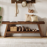 120cm 2-Tier Solid Wood Entryway Bench with Open Storage, Wooden Shoe Bench for Hallway & Foyer 3