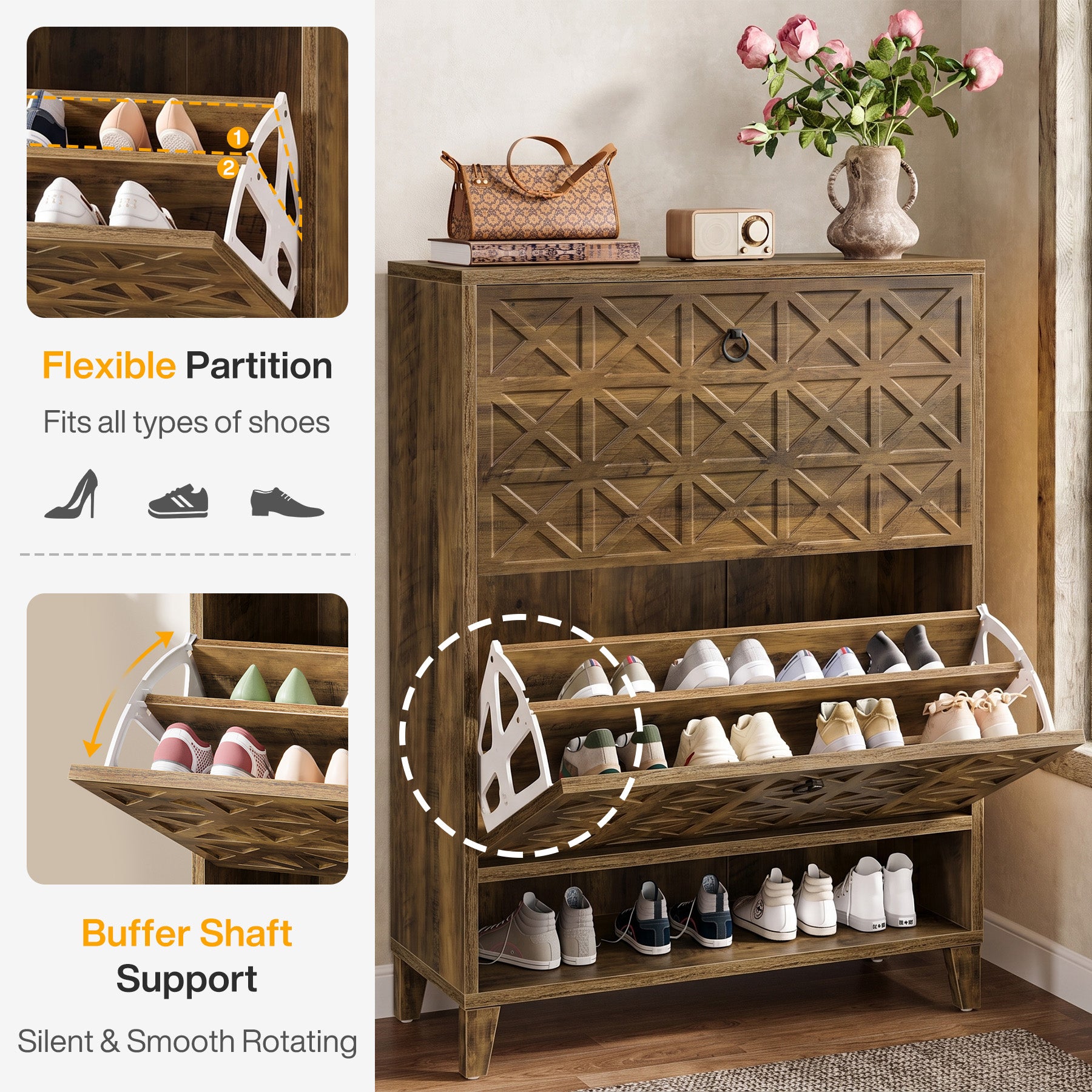 Wood Shoe Cabinet, Shoe Storage Organizer with 2 Flip Drawers