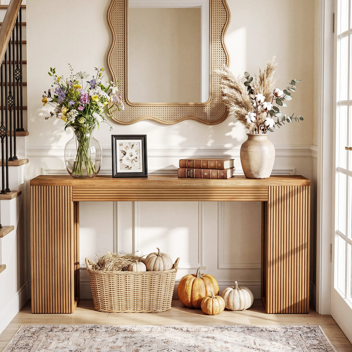160cm Console Table, Solid Wood Narrow Hallway Table with Ribbed Legs