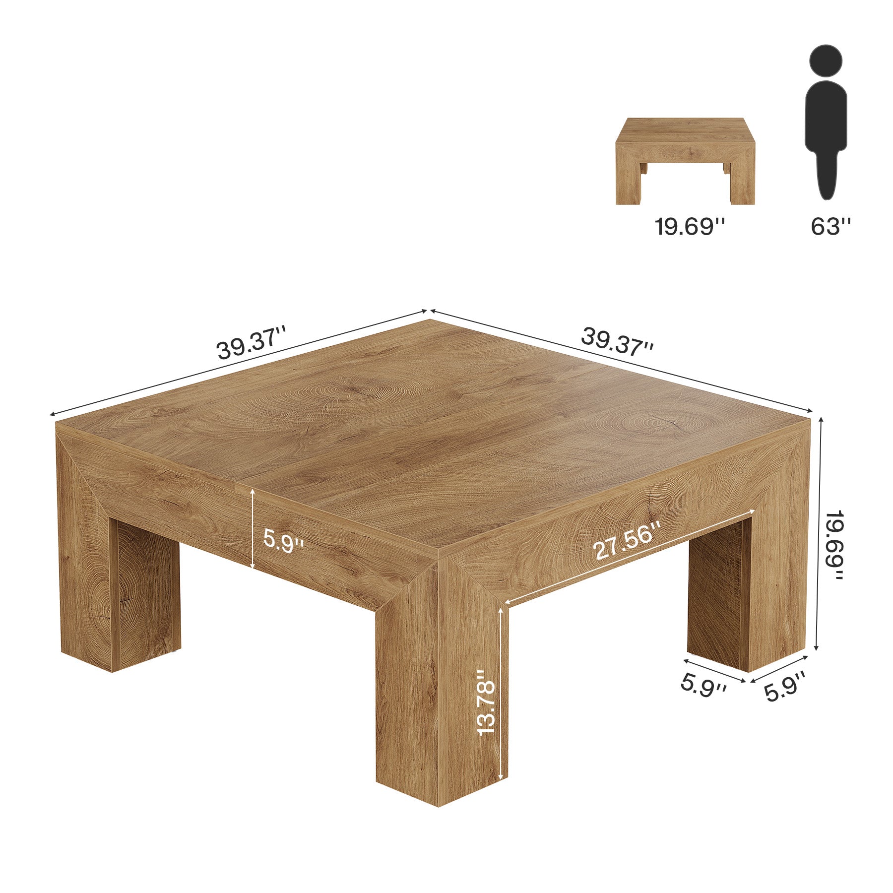 39" Square Farmhouse Coffee Table, Tea Table with Sturdy Wood Legs