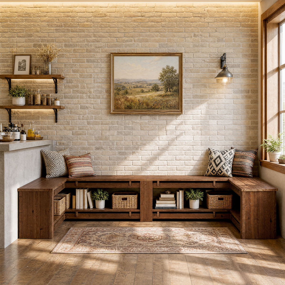 120cm L-Shaped Corner Dining Bench, Rustic Solid Wood with Storage Shelf for Breakfast Nook