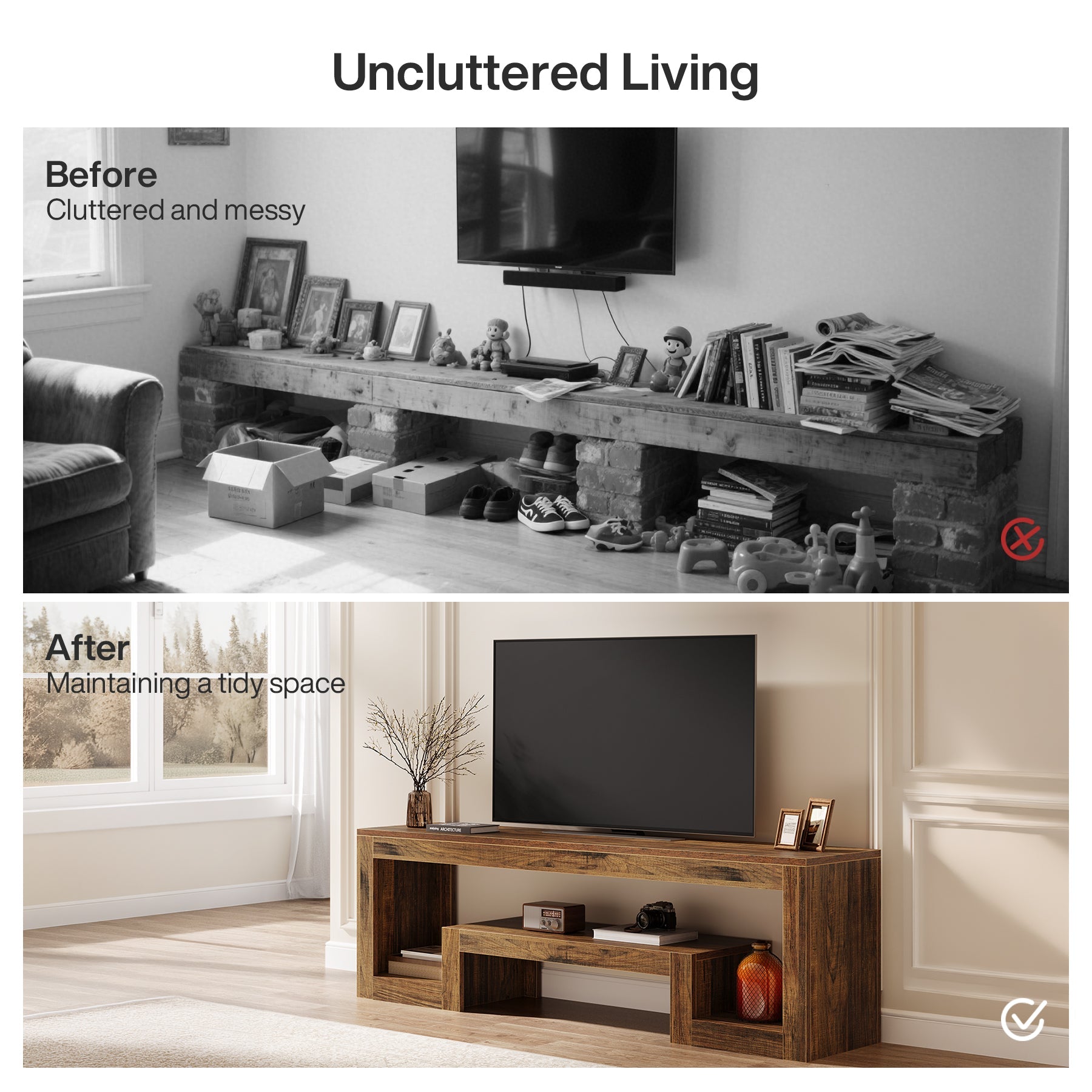63” TV Stand, Farmhouse Entertainment Center with Open Storage Shelves for Living Room