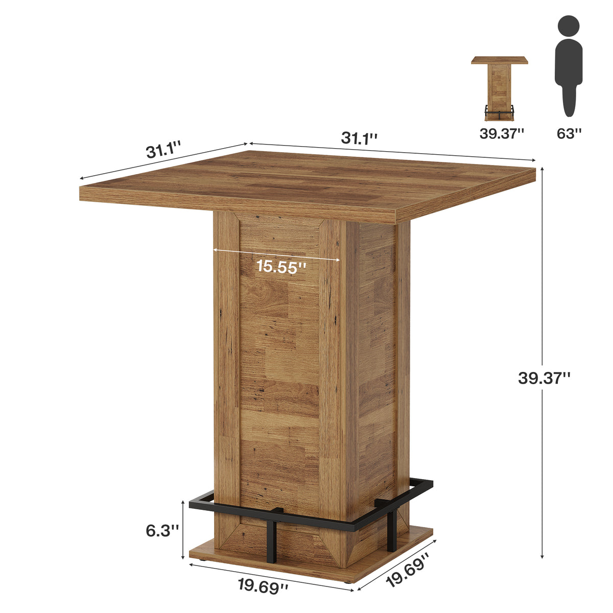 99cm Bar Table, Square Wooden Bistro Table for Home Pub