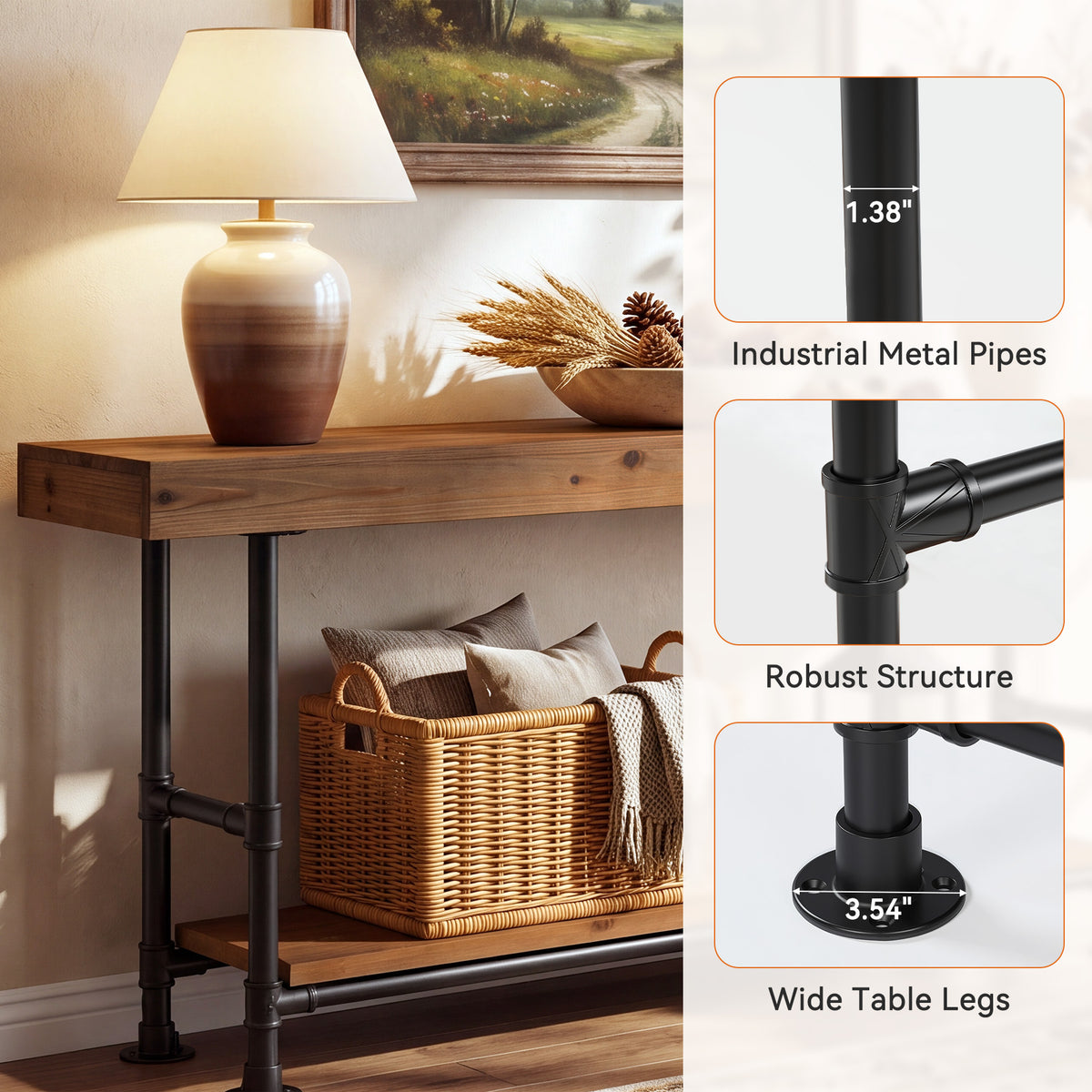 160cm Console Table, 2-Tier Solid Wood for Entryway & Hallway