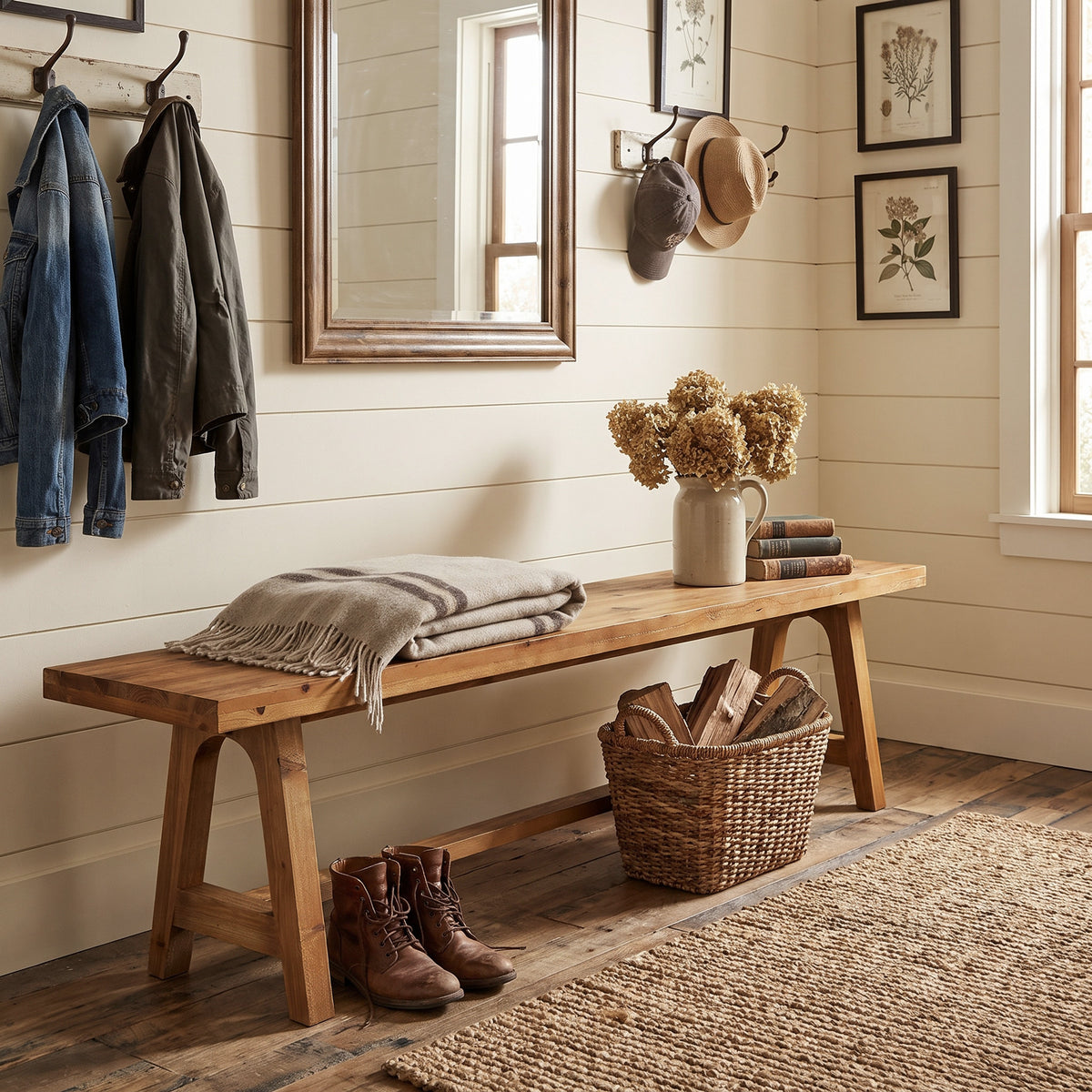 Tribesigns 63-Inch Solid Wood Entryway Bench, Rustic Hallway Shoe Bench for Mudroom