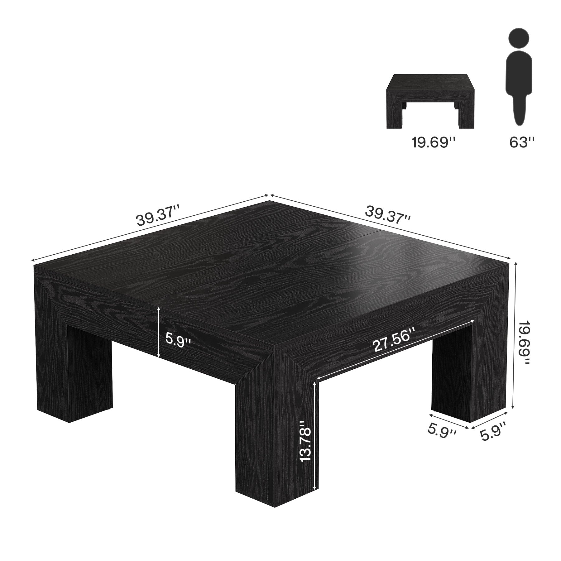 39" Square Farmhouse Coffee Table, Tea Table with Sturdy Wood Legs